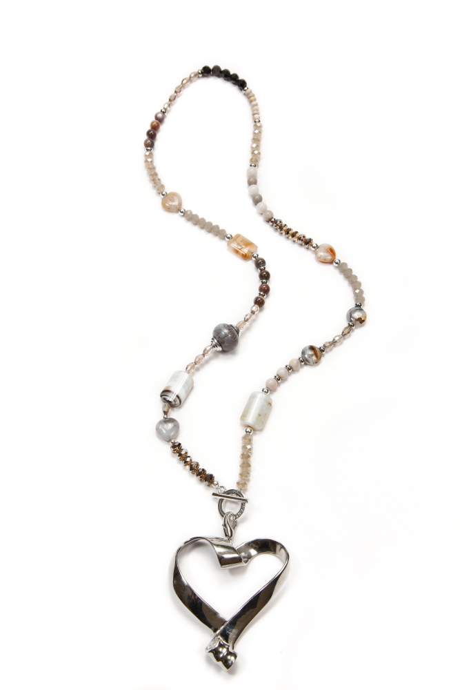 Necklace, Natural Agate Colours with Giant Silver Heart Pendant image 0